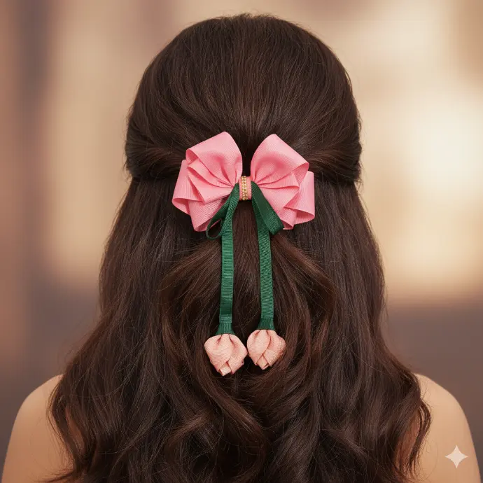 Rose Design with Dangling Ribbons | Handmade Grosgrain Ribbon Hair Accessory with Pearls