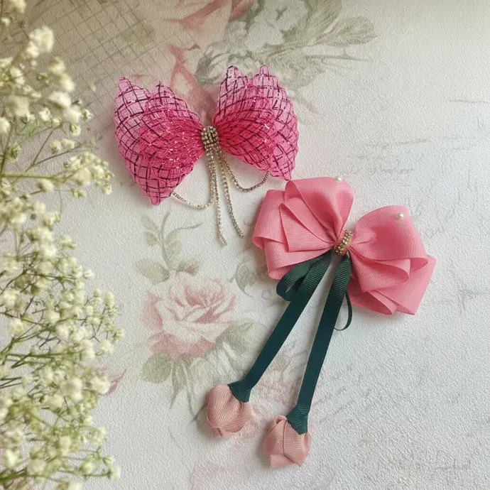 Pack of 2 Girls Hair Bows – Glitter Mesh & Satin Pearl with Roses