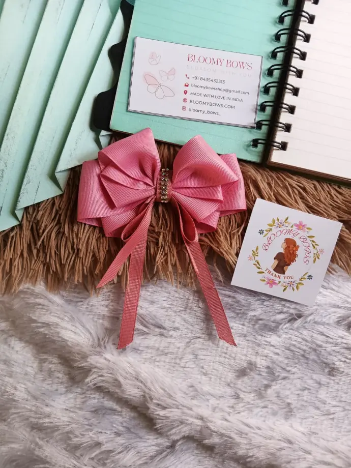 Handmade Pink Ribbon Hair Bow Clip with Rhinestone Center – Elegant Hair Accessory for Girls & Women