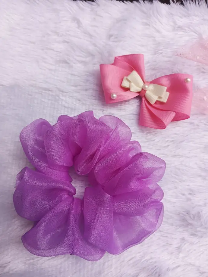 Hair Scrunchie and Bow Clip Set for Women & Girls – Organza Scrunchie with Ribbon Bow, Stylish Hair Accessories