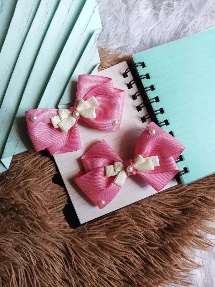 Pink & White Ribbon Bow Hair Clips with Pearl Detailing – Elegant Hair Accessories for Girls & Women (Set of 2)