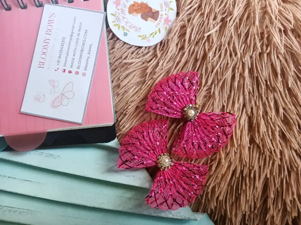 Pink Net Bow Hair Clips with Pearl & Stone Center – Elegant Designer Hair Accessories for Girls & Women (Set of 2)