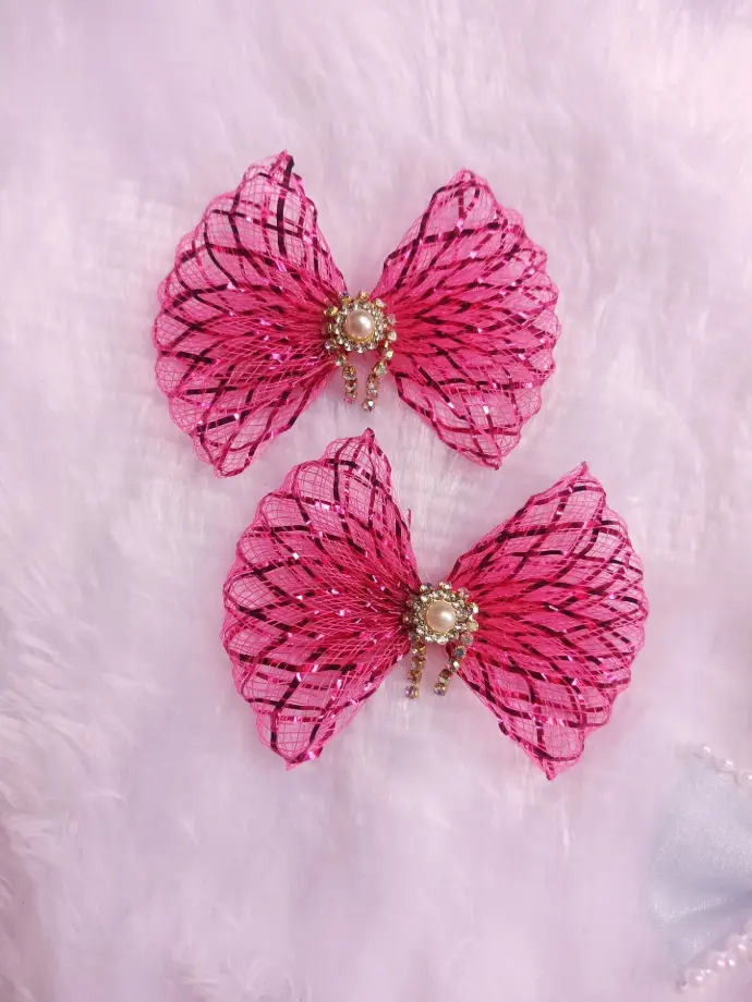 Pink Net Bow Hair Clips with Pearl & Stone Center – Elegant Designer Hair Accessories for Girls & Women (Set of 2)