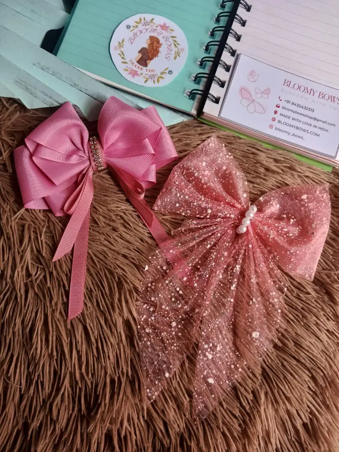 Elegant Pink Hair Bows for Girls & Women – Satin Ribbon Bow with Rhinestone Center + Glitter Net Bow with Pearl Accent (Set of 2)