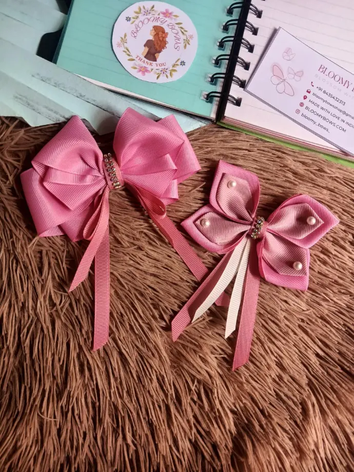 Elegant Pink Hair Bows for Girls & Women – Satin Ribbon Bow with Rhinestone Center + Glitter Net Bow with Pearl Accent (Set of 2)
