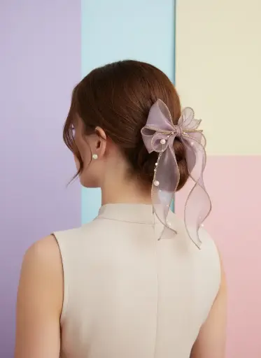 Stylish Organza Hair Bow Clip for Women & Girls | Elegant Pearl Hair Accessory | Designer Ribbon Bow Hair Clip for Parties, Weddings, Festivals