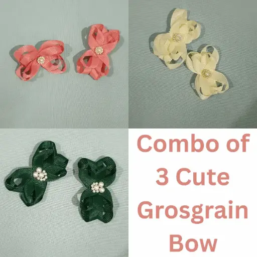 Combo of 3 Cute Grosgrain Bow Hair Clips for Girls & Women | Designer Party Hair Accessories | Premium Quality, Multi-Color Set