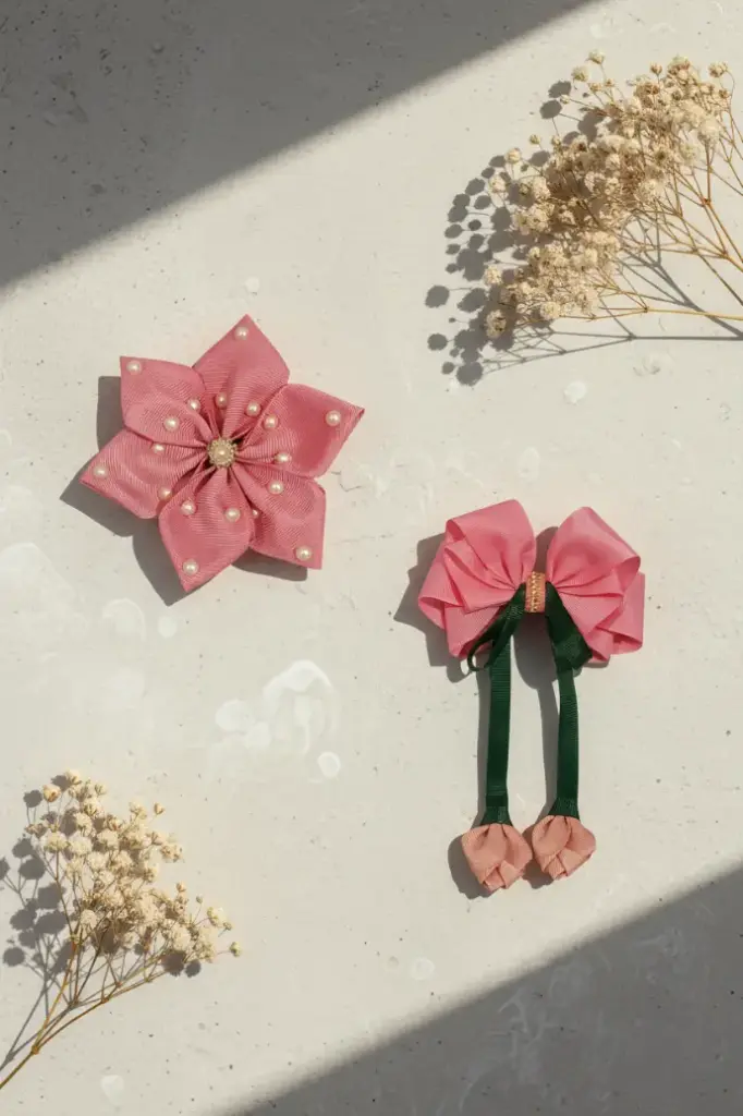 Pearl & Ribbon Embellished Pink Floral & Bow Hair Clips