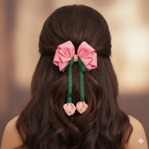 Elegant Pink Hair Bow Clip for Girls | Rose Design with Dangling Ribbons | Handmade Grosgrain Ribbon Hair Accessory with Pearls for School, Parties, Birthdays & Gifting
