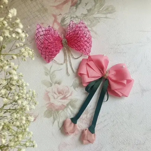 Girls Hair Bow Set – Pack of 2 Hair Clips for Kids & Toddlers – Pink Glitter Mesh Bow with Rhinestones + Satin Pearl Bow with Ribbon Roses – Party, Birthday & School Hair Accessories