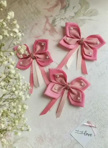 Combo of 3 Charming Pink Hair Bow Clips for Girls | Pearl & Ribbon Design