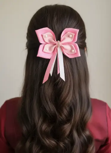 Elegant Two Layers Pink Bow Hair Clip for Girls with Pearl & Ribbon Detailing