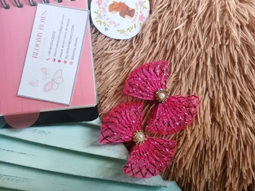 Pink Net Bow Hair Clips with Pearl & Stone Center – Elegant Designer Hair Accessories for Girls & Women (Set of 2)