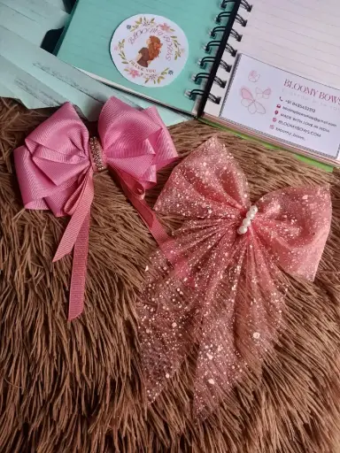 Elegant Pink Hair Bows for Girls & Women – Satin Ribbon Bow with Rhinestone Center + Glitter Net Bow with Pearl Accent (Set of 2)