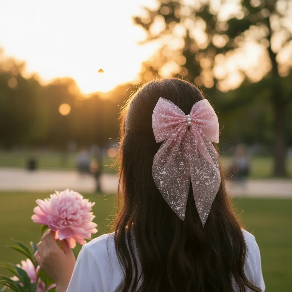 Stylish Pink Net Hair Bow Clip with Pearls for Women & Girls – Decorative Long Tail Hair Accessory