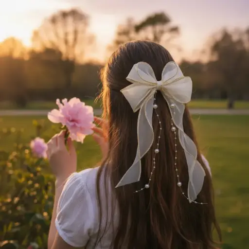 Stylish Golden Organza Hair Bow Clip with Pearl Chain for Women & Girls – Decorative Party Hair Accessory