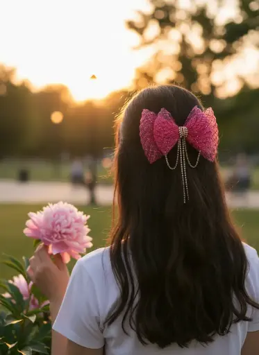 Stylish Pink Mesh Hair Bow Clip with Hanging Bead Chains for Women & Girls – Decorative Party Hair Accessory