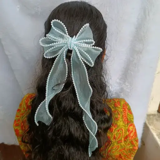 Blue Organza Long Tail Hair Bow – White Bead Trim